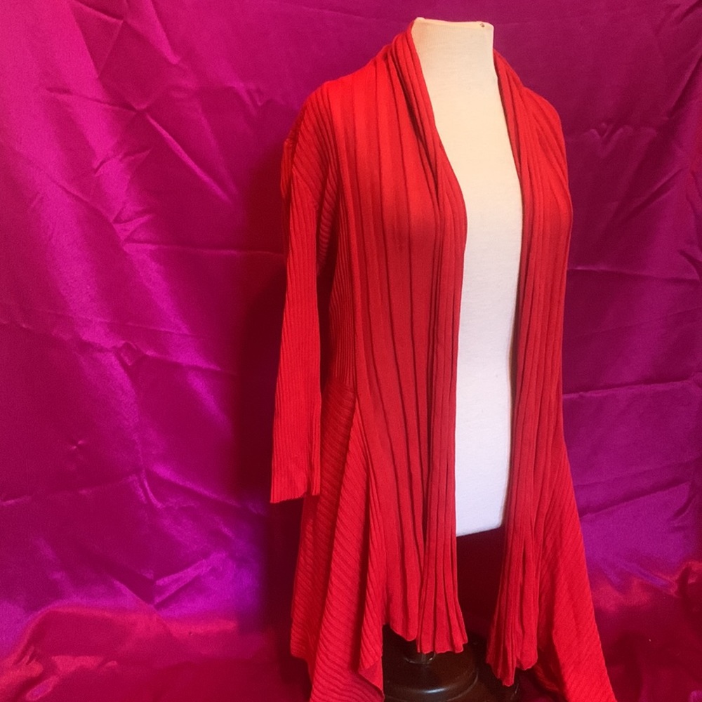 Orange village slinky cherry red cardigan 3/4 length  sleeve size M like new